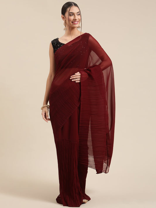 Brown Brown Party Wear Georgette  Solid Saree