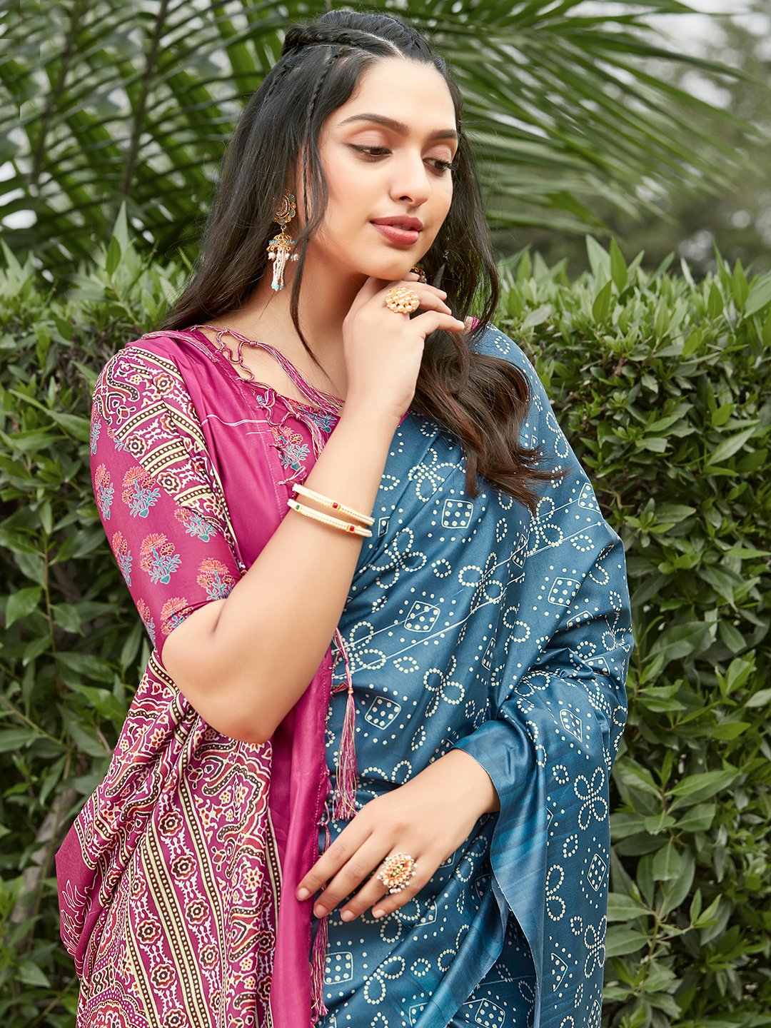 Blue Bandhani Silk Blend Digital Print Saree