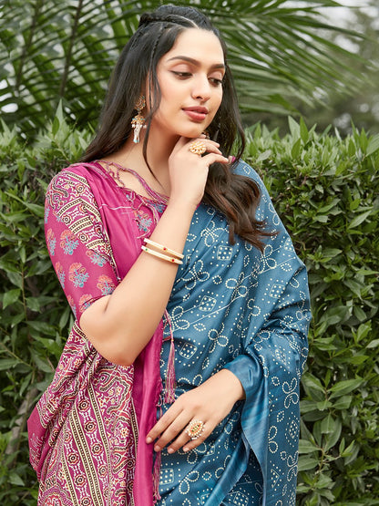 Blue Bandhani Silk Blend Digital Print Saree