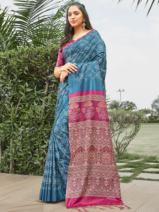 Blue Blue Bandhani Silk Blend Digital Print Saree