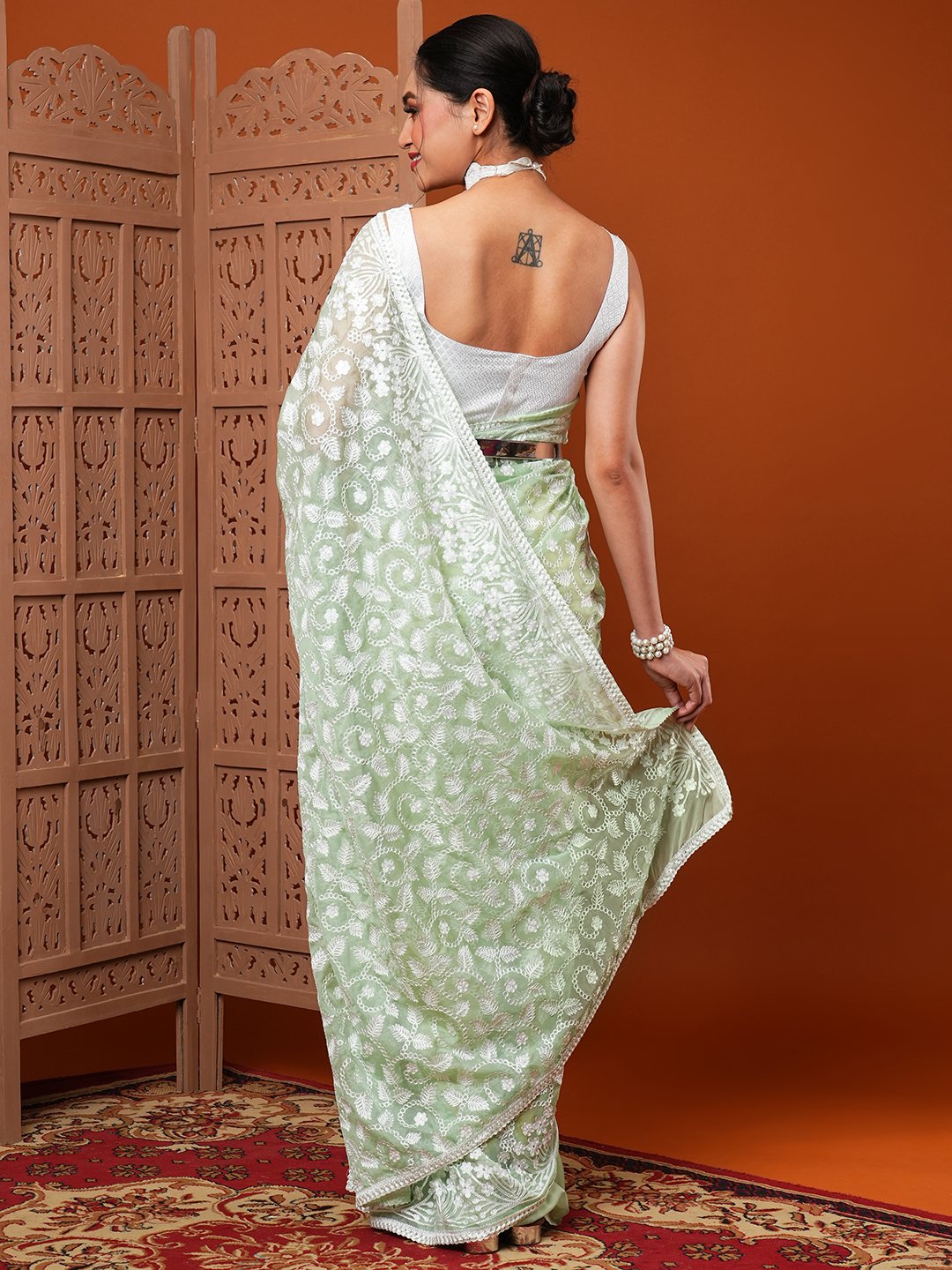 SeaGreen Party Wear Organza Embroidered Saree