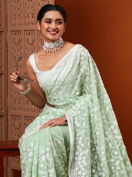 Green SeaGreen Party Wear Organza Embroidered Saree