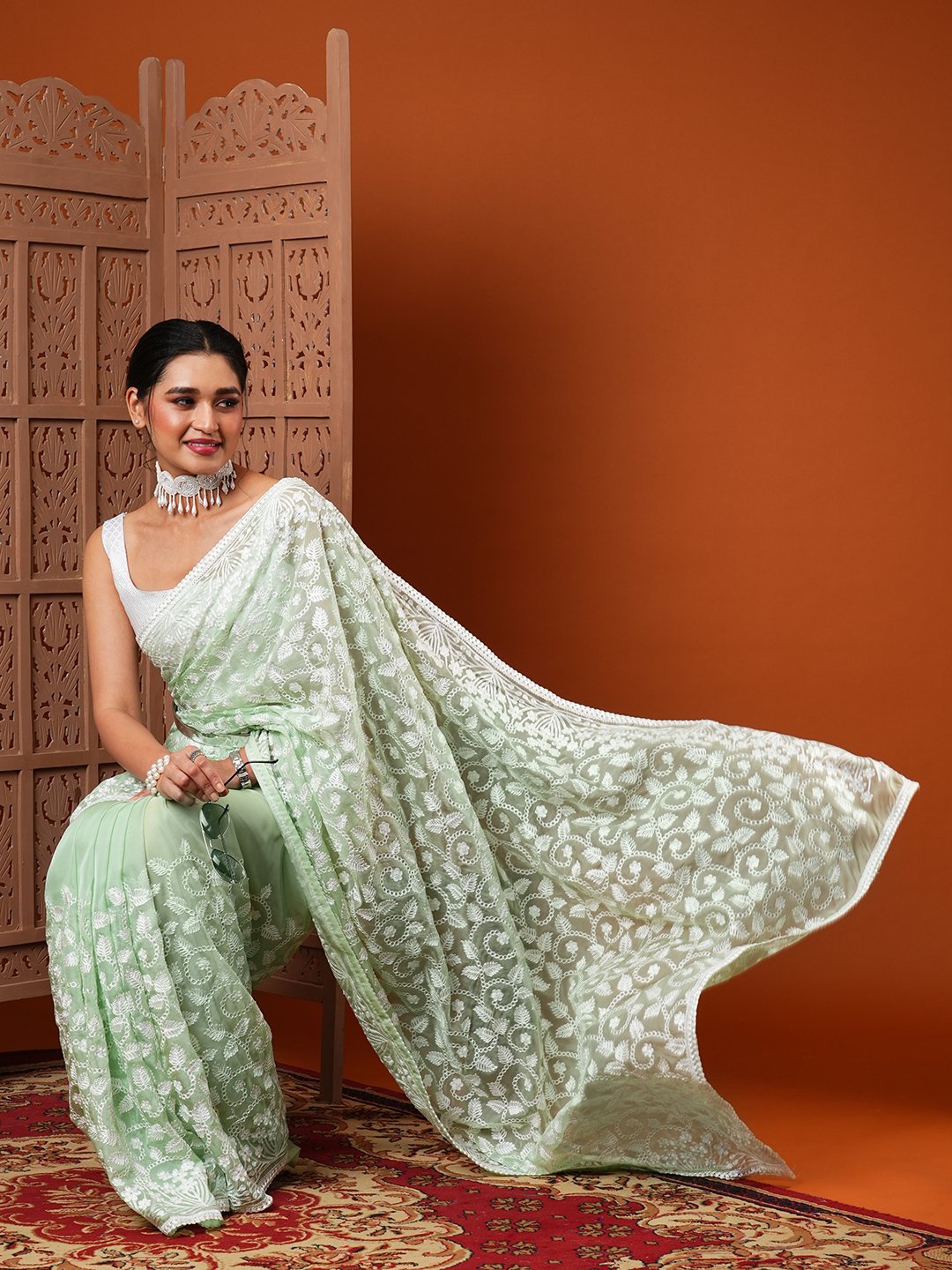 SeaGreen Party Wear Organza Embroidered Saree