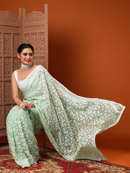 SeaGreen Party Wear Organza Embroidered Saree