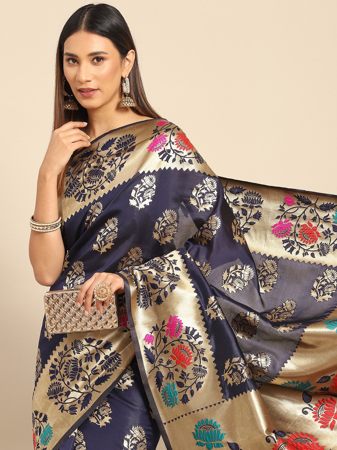 NavyBlue Banarasi Silk Blend Woven Saree
