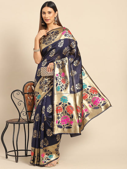 Blue NavyBlue Banarasi Silk Blend Woven Saree