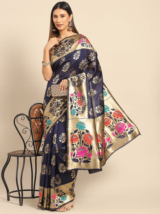 Blue NavyBlue Banarasi Silk Blend Woven Saree