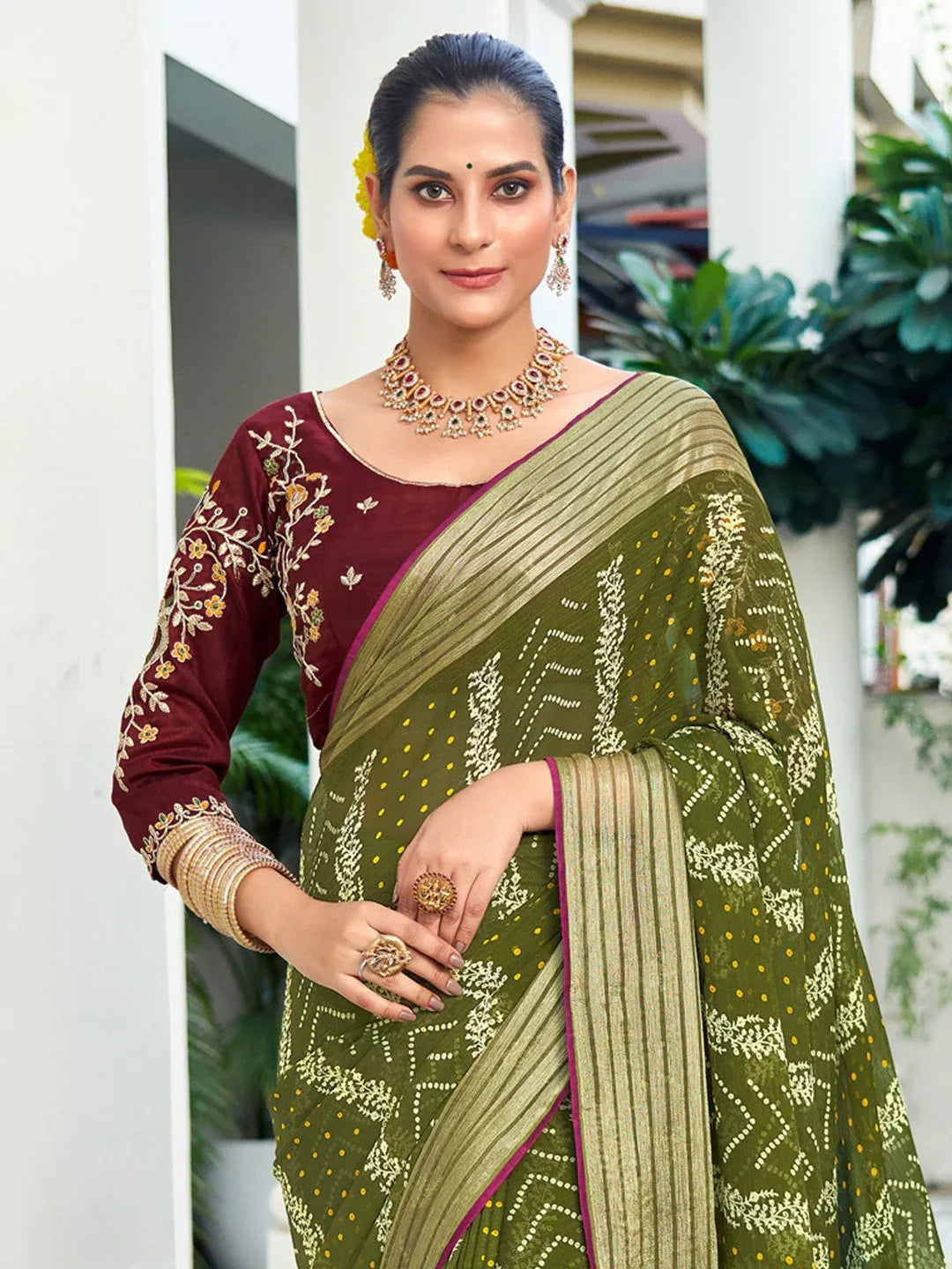 Olive Party Wear Chiffon Embellished Saree