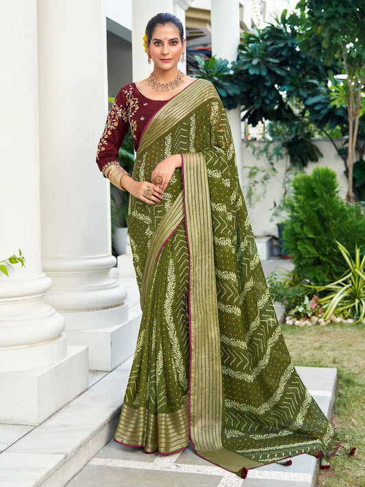 Green Olive Party Wear Chiffon Embellished Saree