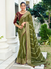Green Olive Party Wear Chiffon Embellished Saree