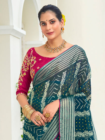Teal Party Wear Chiffon Embellished Saree