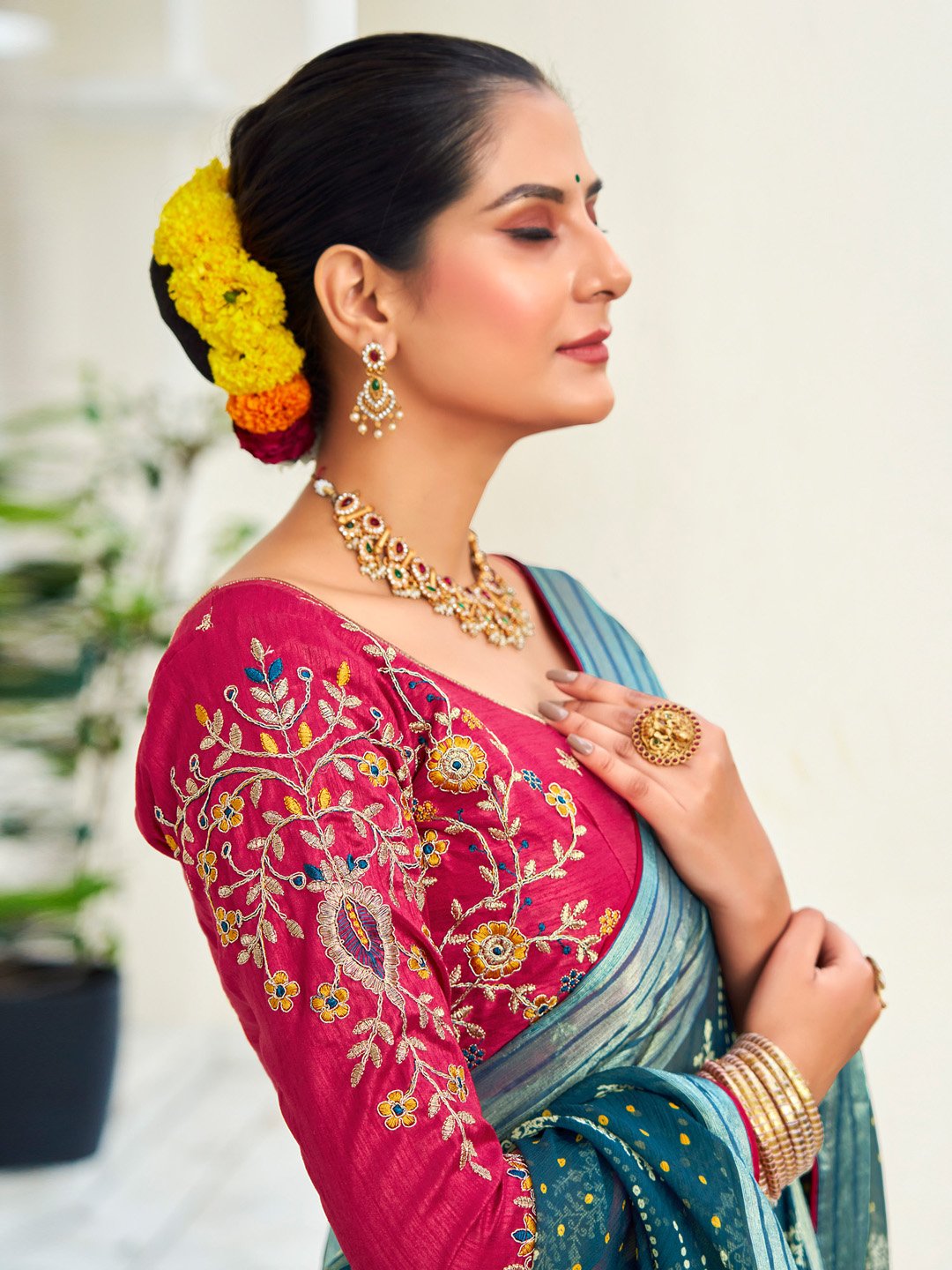 Teal Party Wear Chiffon Embellished Saree