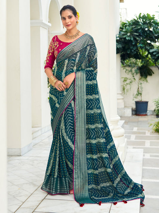 Blue Teal Party Wear Chiffon Embellished Saree
