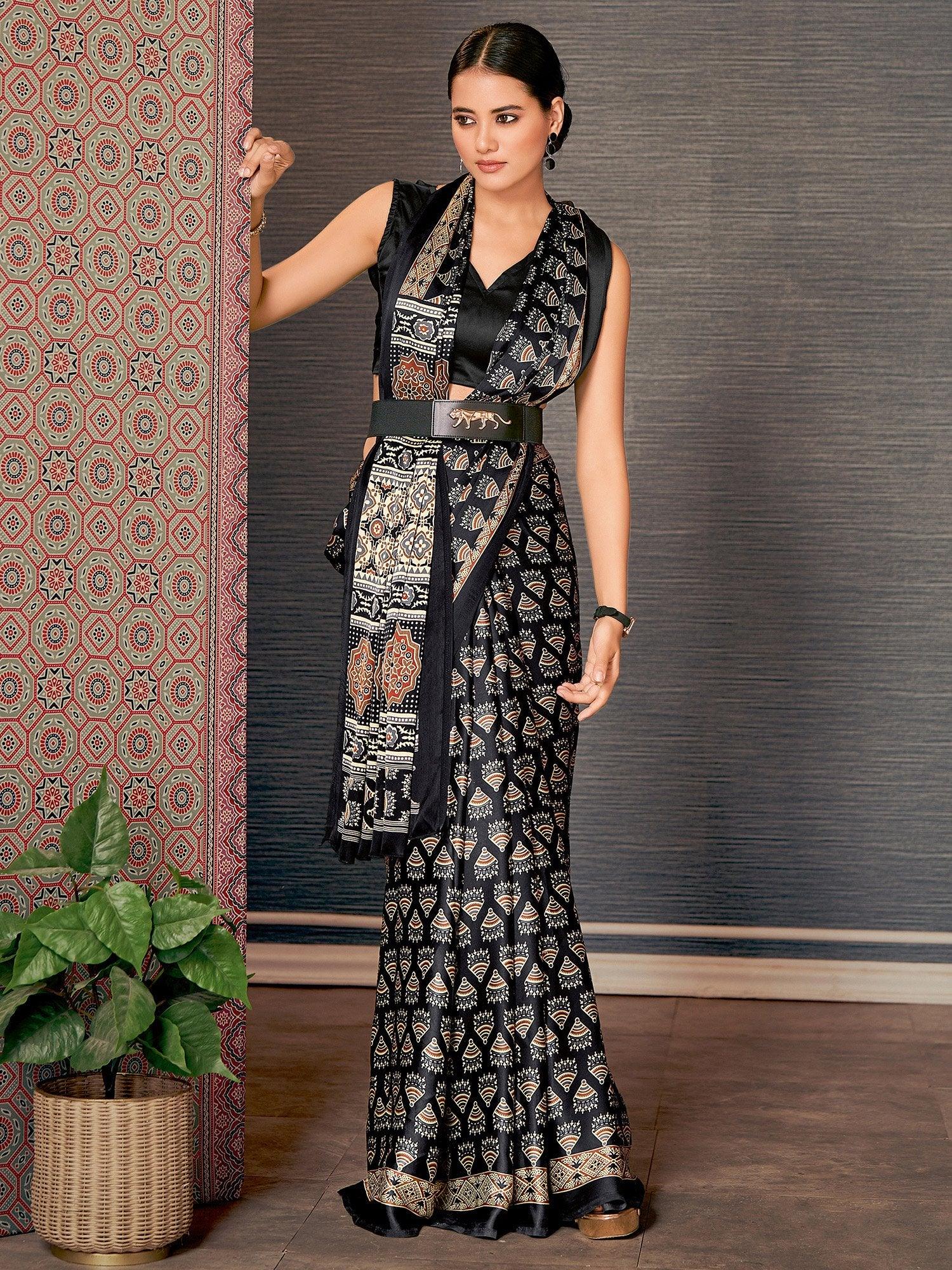 Ethnic Black Ajrakh Crepe Silk Saree - The Dori Store
