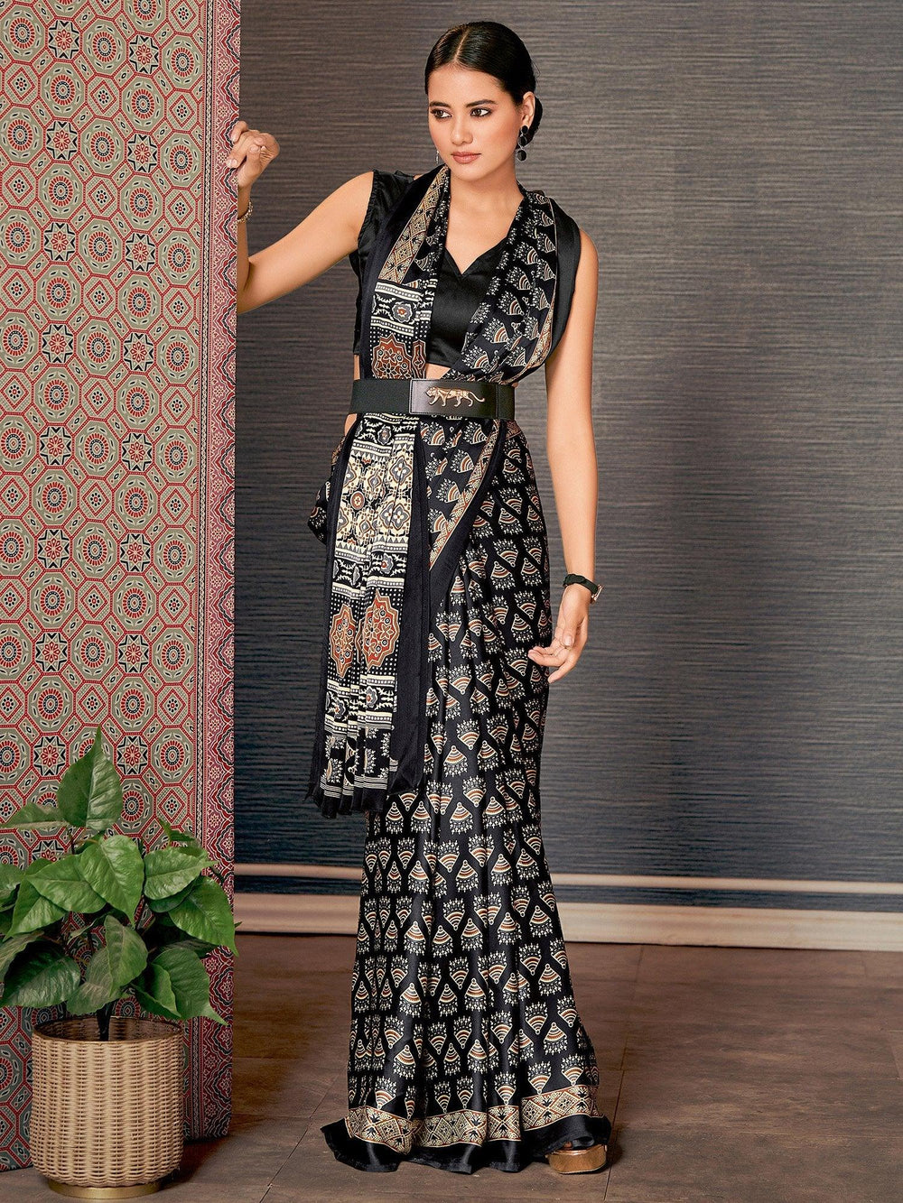 Ethnic Black Ajrakh Crepe Silk Saree - The Dori Store