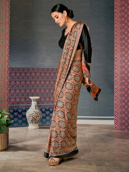 Brown Block Print Crepe Digital Print Saree