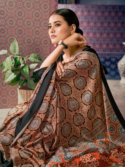 Brown Block Print Crepe Digital Print Saree