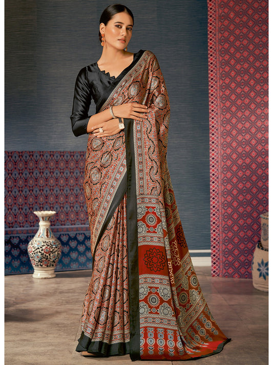 Brown Brown Block Print Crepe Digital Print Saree