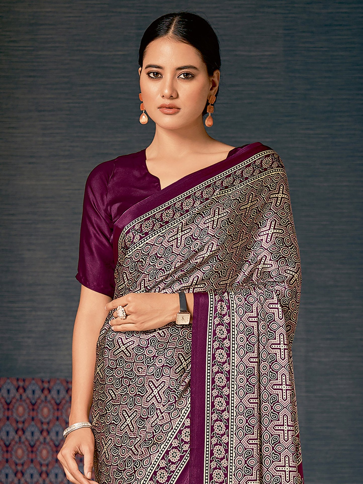Purple Block Print Crepe Digital Print Saree