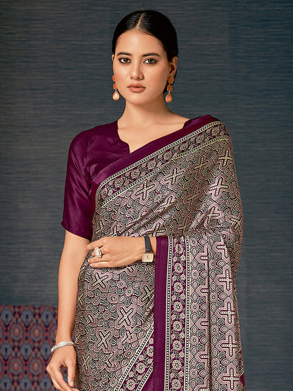 Purple Block Print Crepe Digital Print Saree