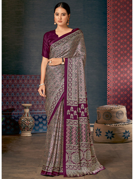 Purple Purple Block Print Crepe Digital Print Saree