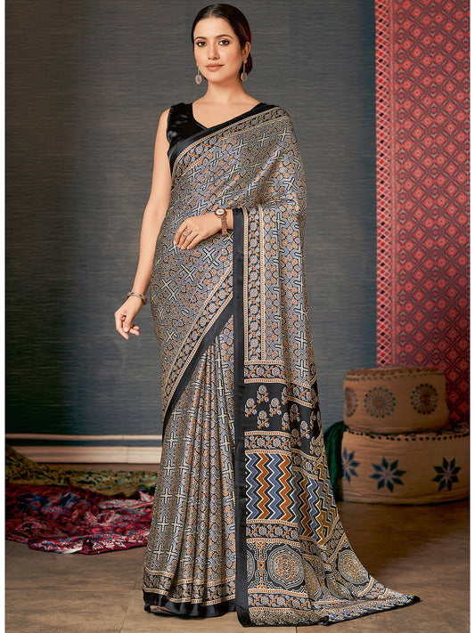 Grey Grey Block Print Crepe Digital Print Saree