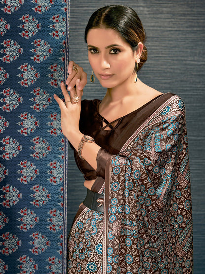 Brown Block Print Crepe Digital Print Saree