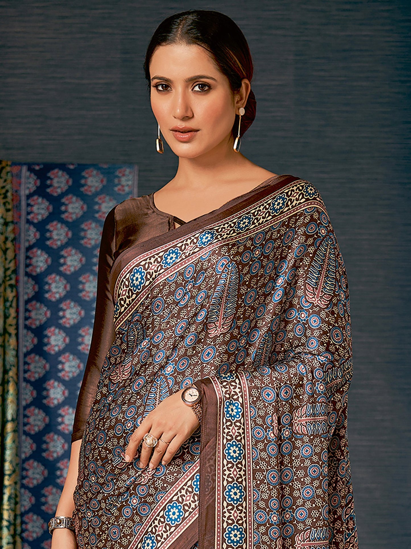 Brown Block Print Crepe Digital Print Saree