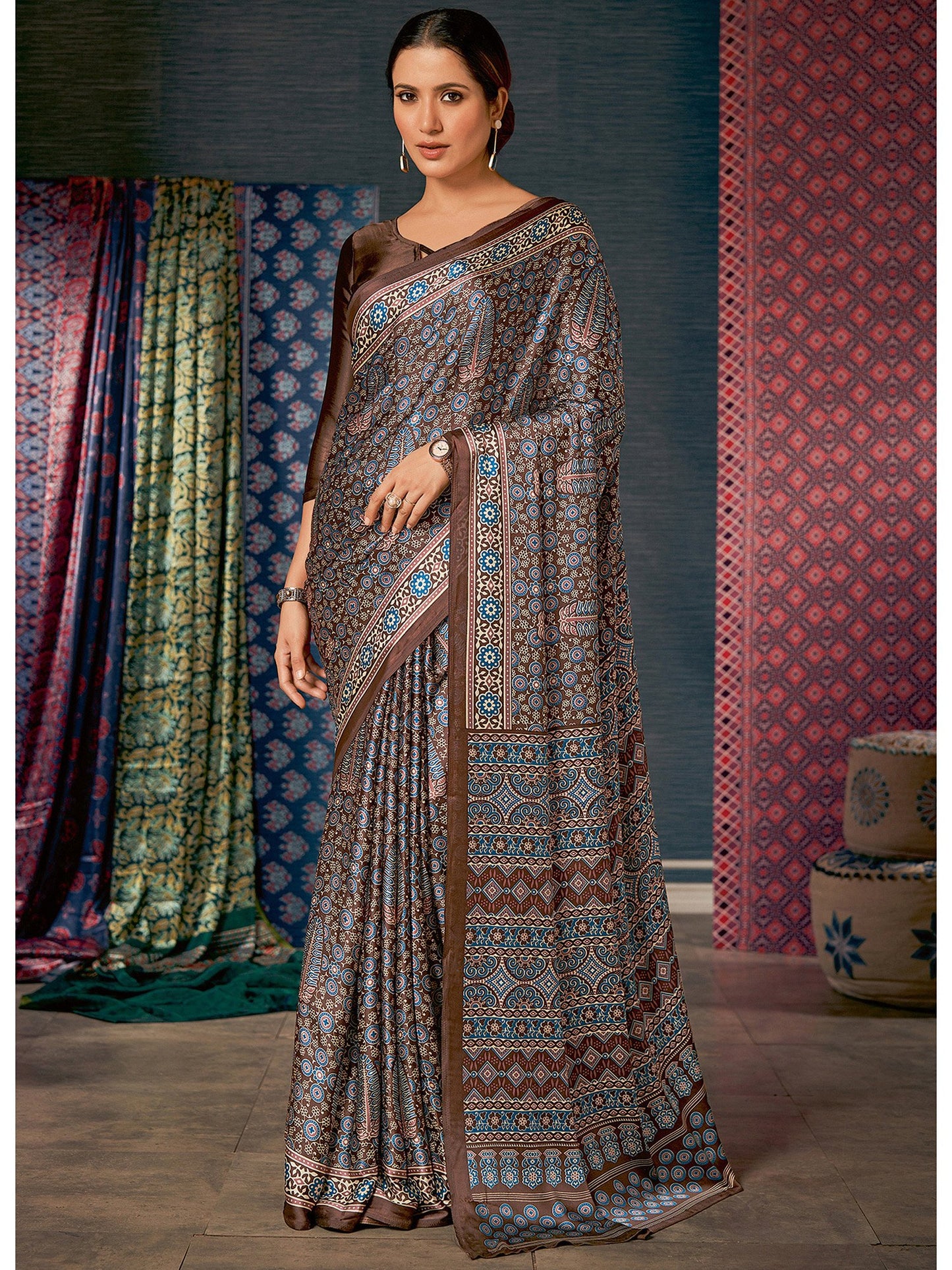 Brown Brown Block Print Crepe Digital Print Saree