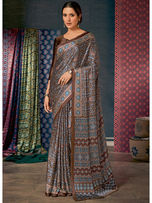 Brown Brown Block Print Crepe Digital Print Saree