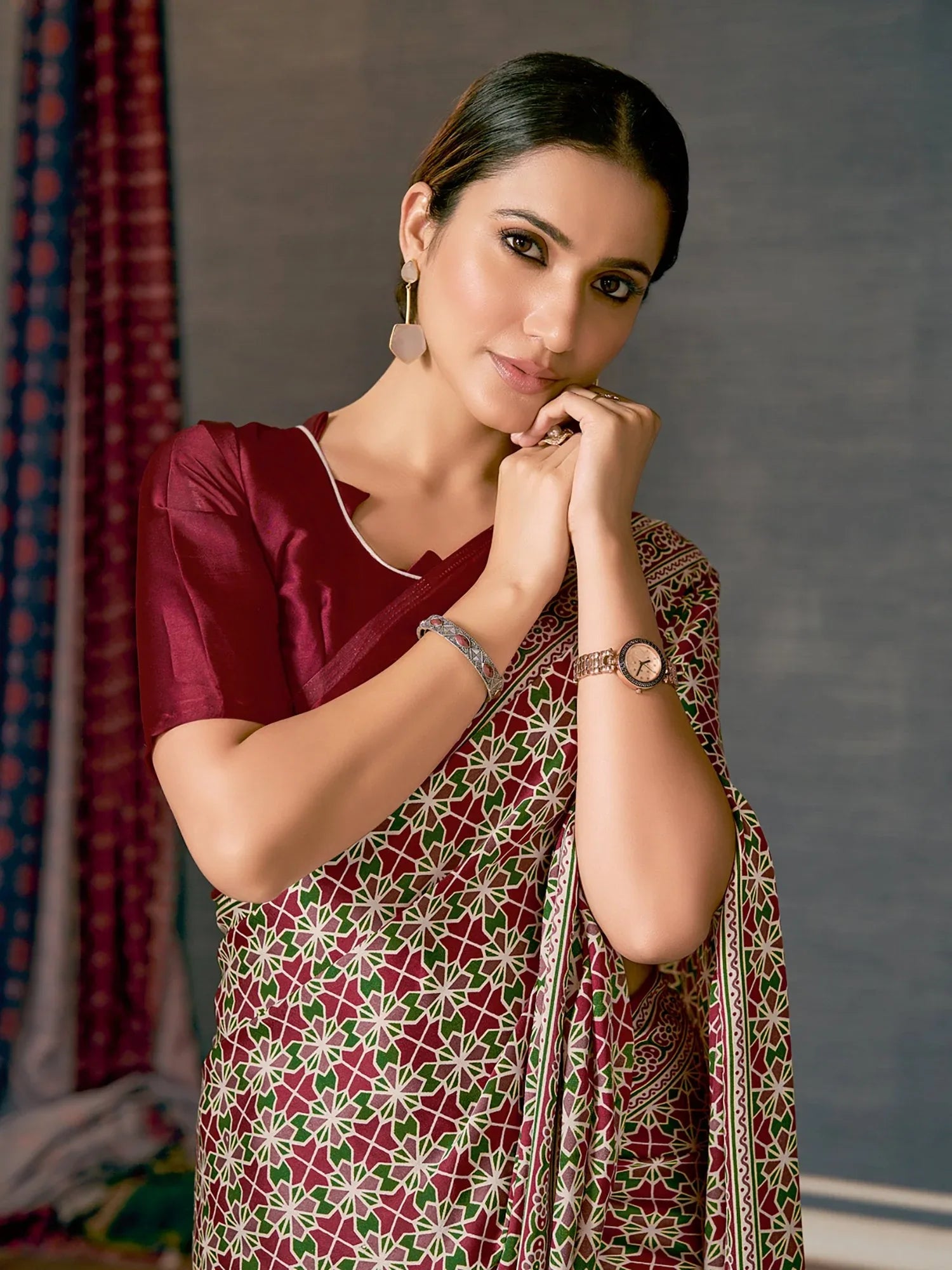 Maroon Ajrakh Crepe Silk Saree - The Dori Store