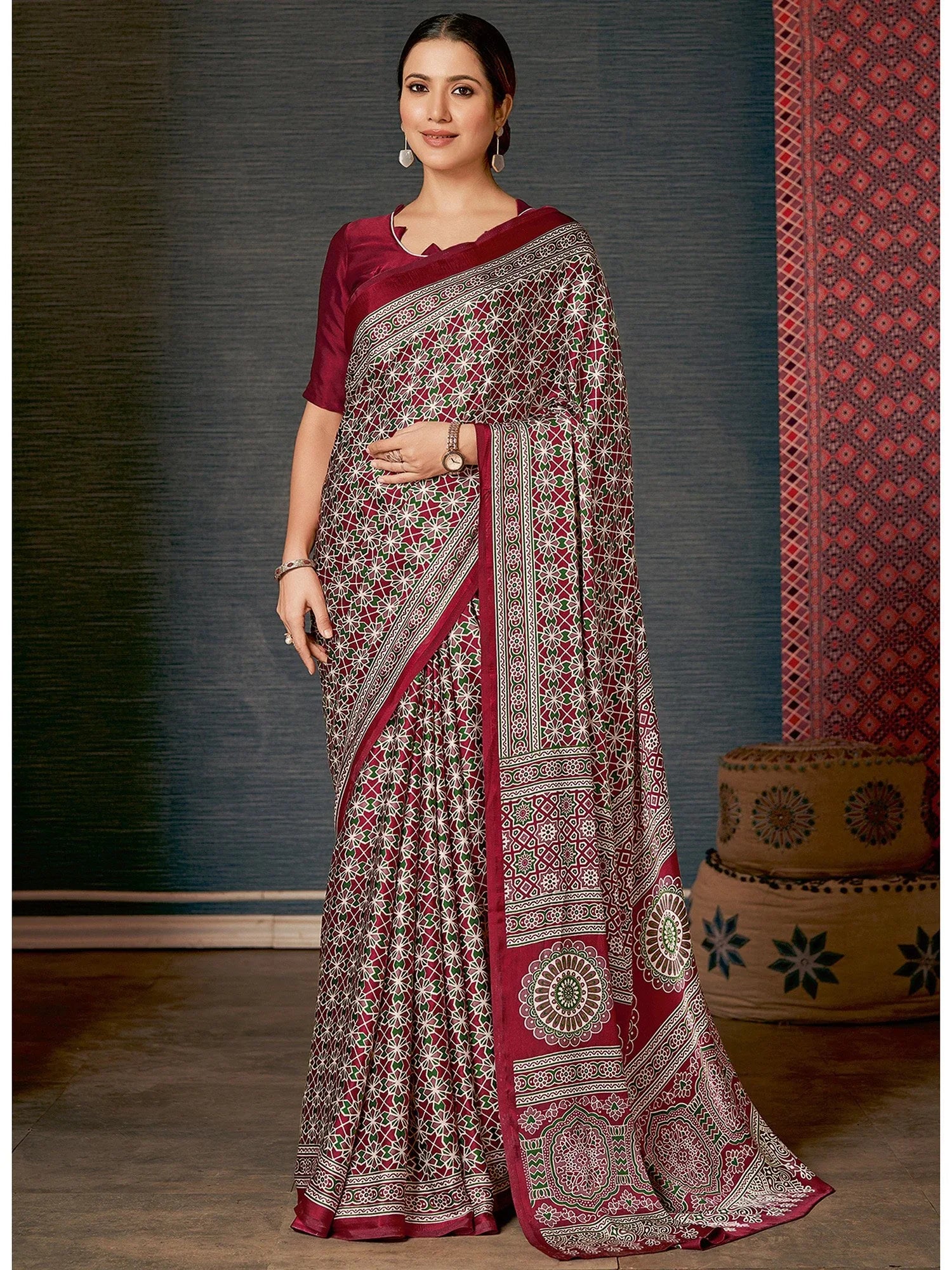 Maroon Ajrakh Crepe Silk Saree - The Dori Store