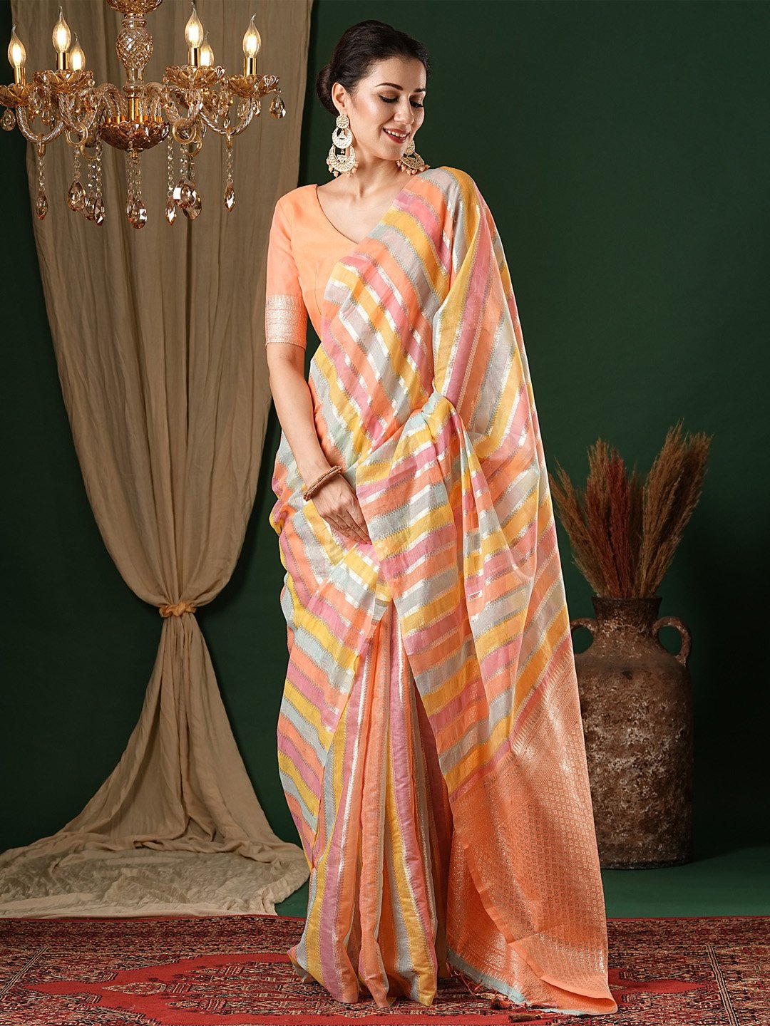 Pink Peach Banarasi Silk Cotton Woven Saree