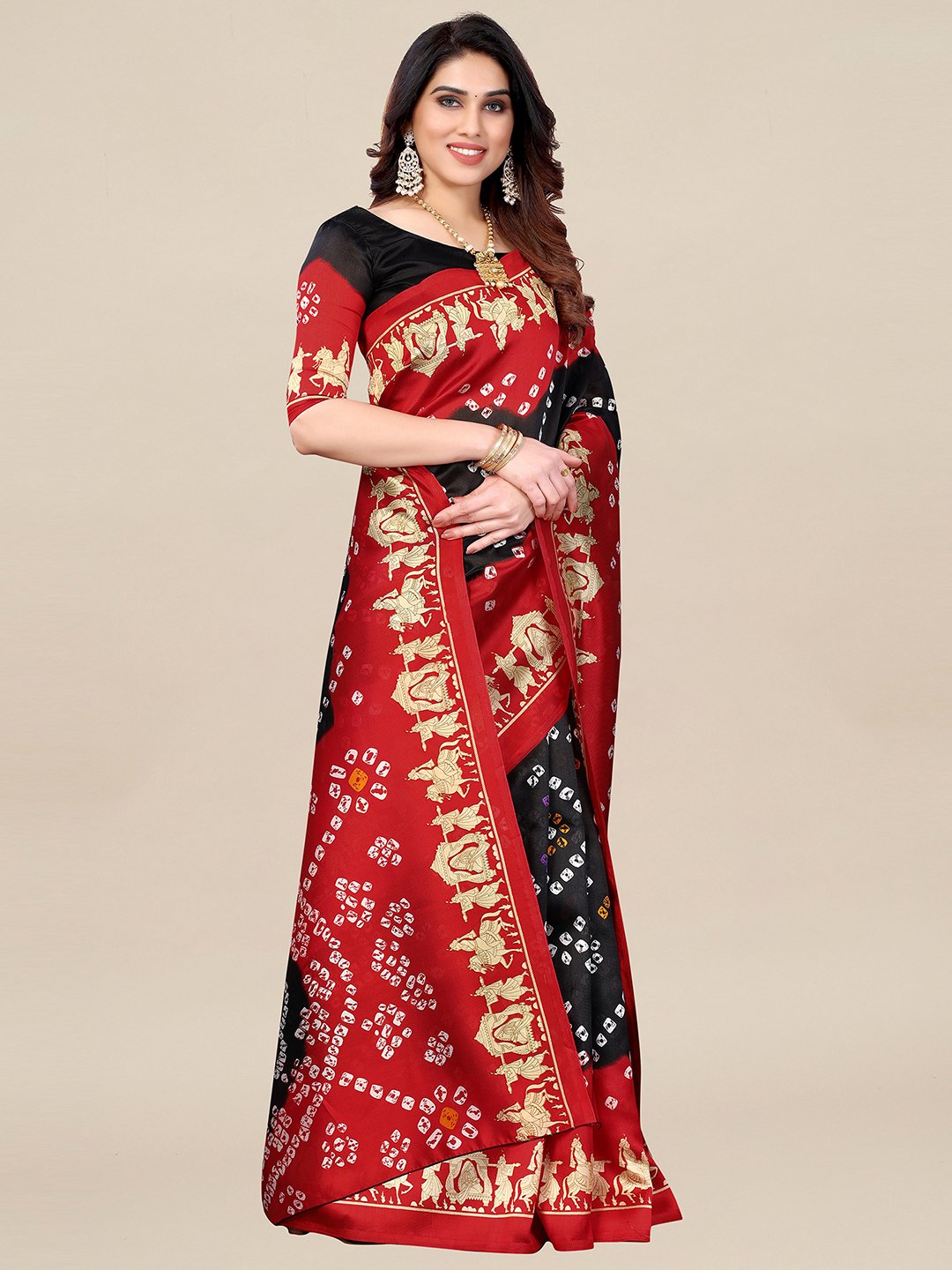Black Bandhani Art Silk Printed Saree