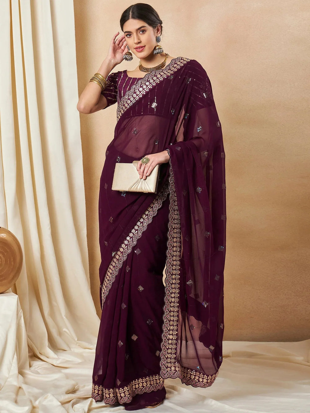 Plum Purple Designer Georgette Saree - The Dori Store