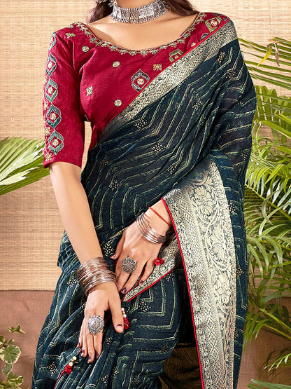 Teal Party Wear Cotton Silk Woven Saree