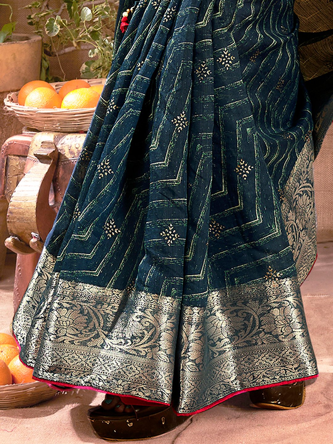 Teal Party Wear Cotton Silk Woven Saree