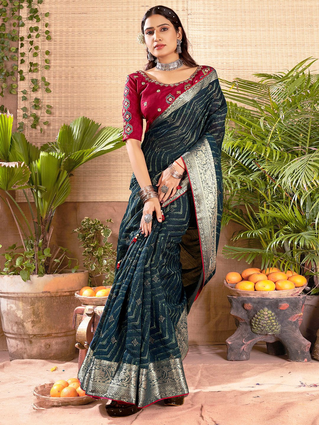 Green Teal Party Wear Cotton Silk Woven Saree