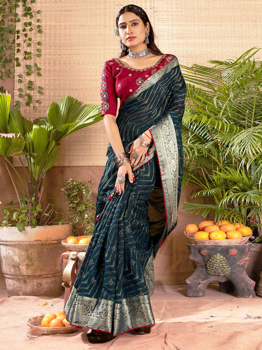 Green Teal Party Wear Cotton Silk Woven Saree