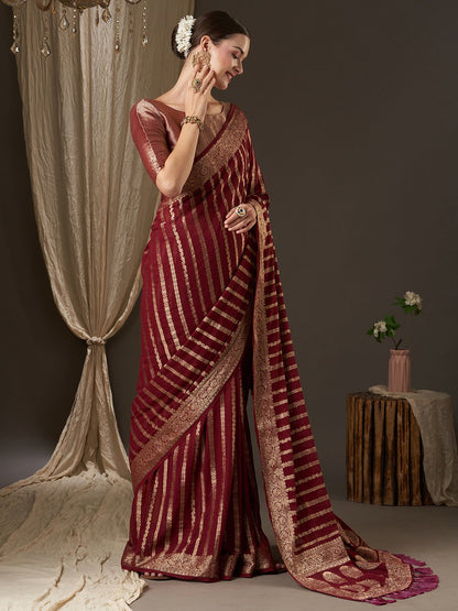 Maroon Kanjeevaram Georgette Woven Saree