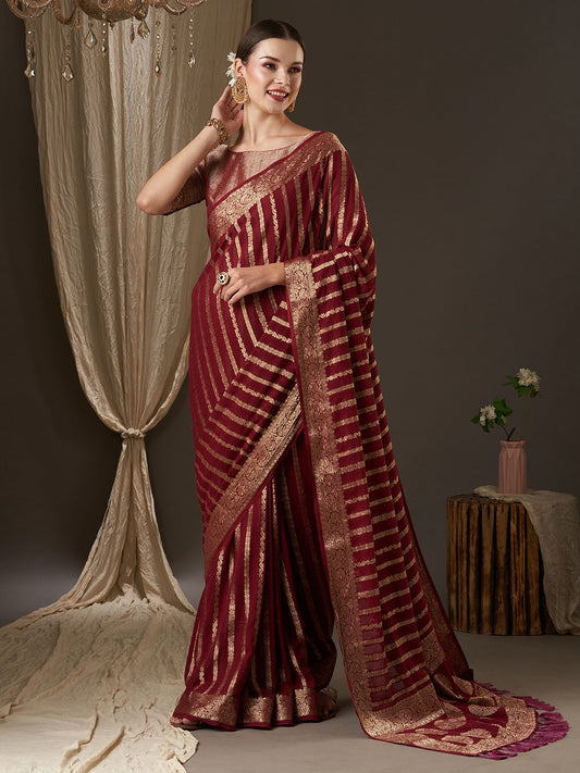 Maroon Maroon Kanjeevaram Georgette Woven Saree