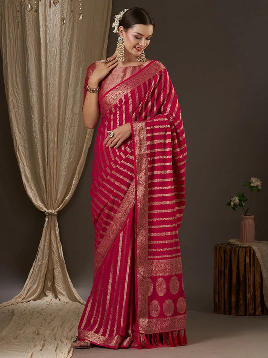 Pink Pink Kanjeevaram Georgette Woven Saree