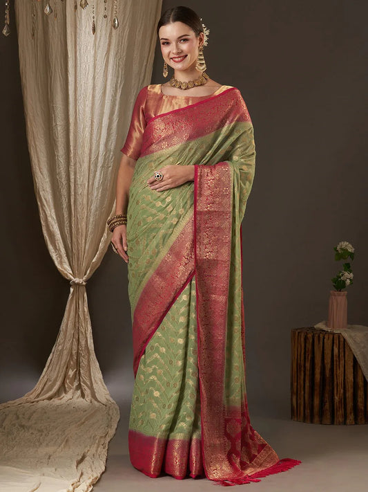 Green LightGreen Kanjeevaram Georgette Woven Saree
