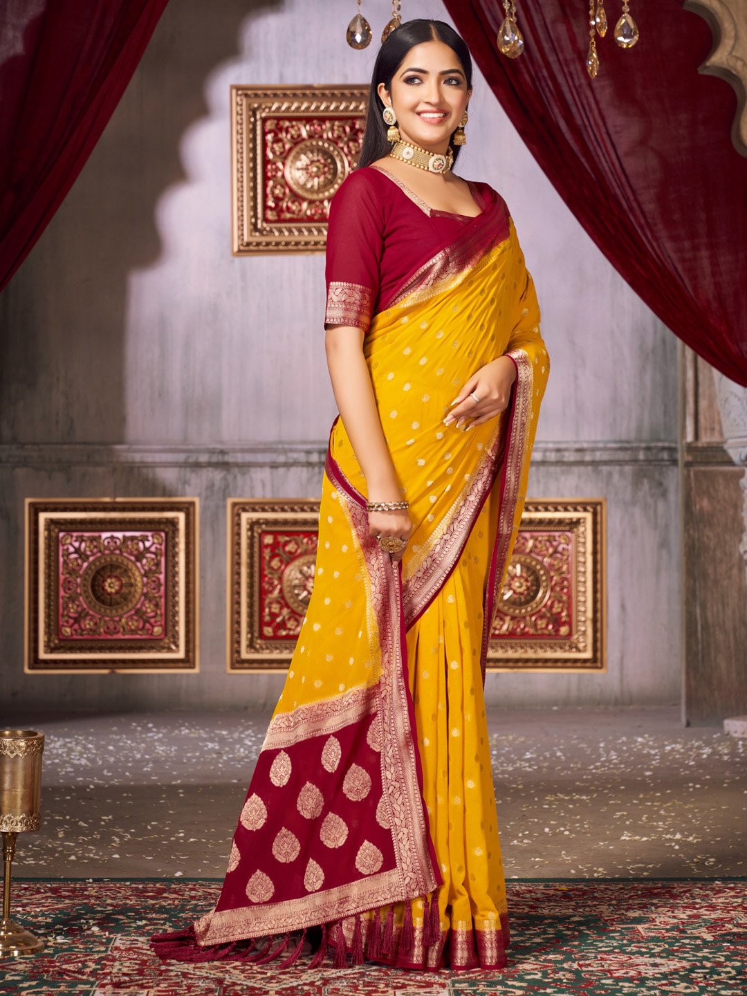 Yellow Kanjeevaram Georgette Woven Saree