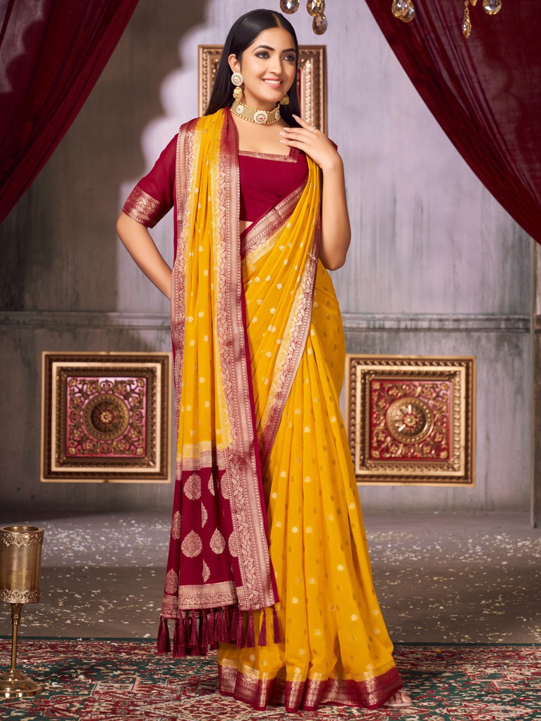Yellow Kanjeevaram Georgette Woven Saree