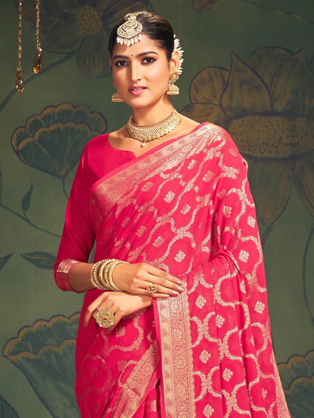 Pink Kanjeevaram Georgette Woven Saree