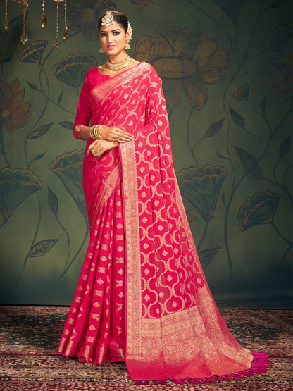Pink Pink Kanjeevaram Georgette Woven Saree