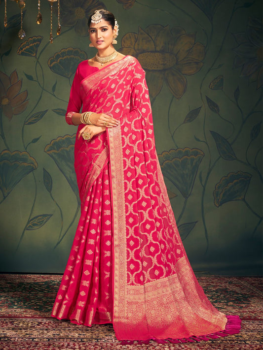 Pink Pink Kanjeevaram Georgette Woven Saree