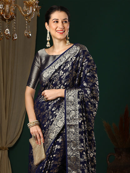 Navy Kanjeevaram Georgette Woven Saree