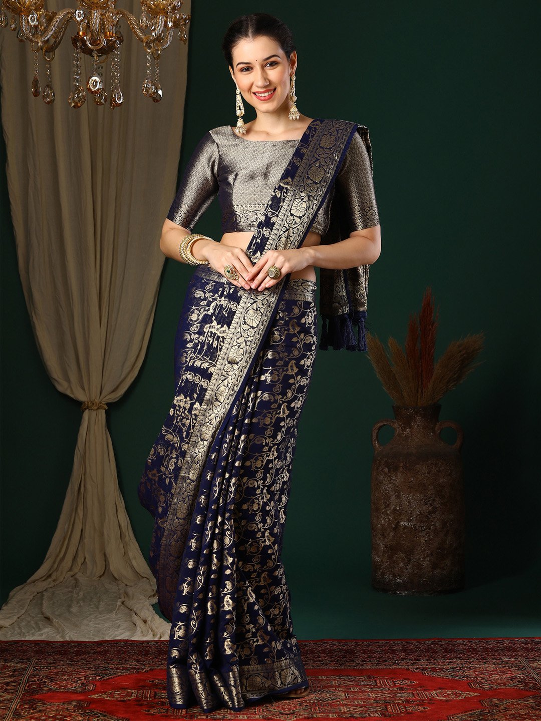 Blue Navy Kanjeevaram Georgette Woven Saree